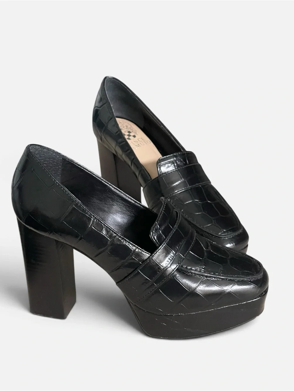 Vince Camuto Medrana Black Croc-Embossed Leather Platform Sz 6 High Chunky Heel